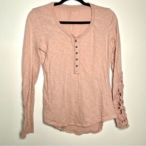 Y2K MUDD Vintage Blush Henley Long Sleeve Top with Crochet Lace Button Detail